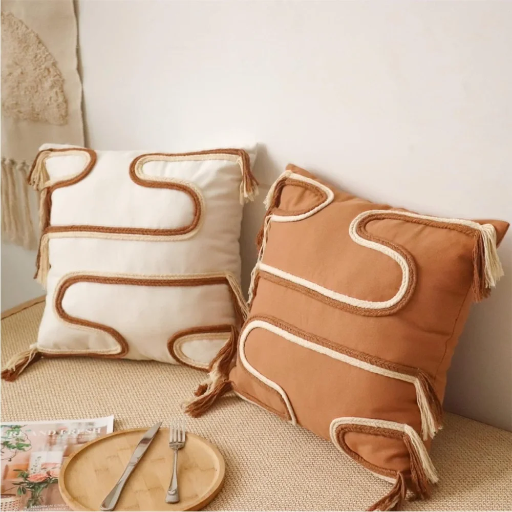 Braided Mid Century Cream Pillow Case Fringed Neutral Textured Boho Farmhouse